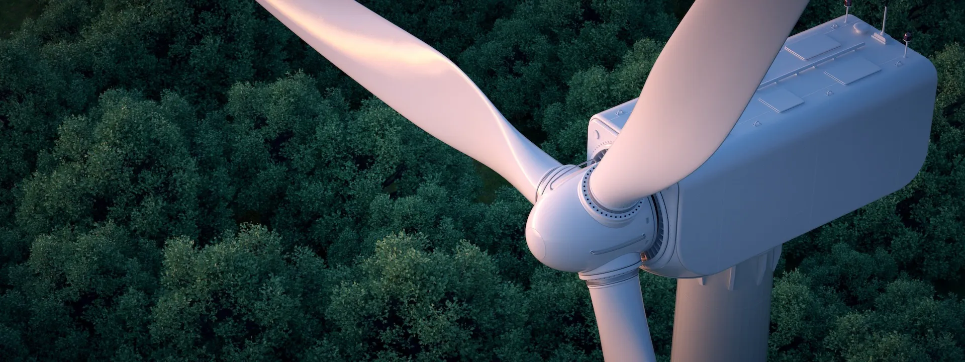 A close-up view of a wind turbine rotor and blades seen from above, with a dense forest canopy visible below.