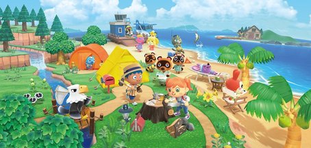 Colourful scene from Animal Crossing with animated characters camping, fishing, and relaxing on a tropical island.