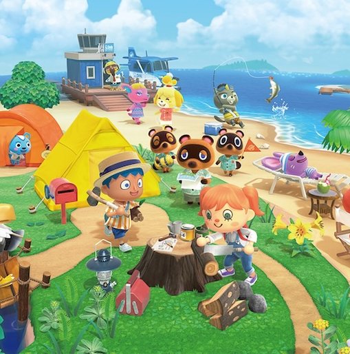 Colourful scene from Animal Crossing with animated characters camping, fishing, and relaxing on a tropical island.