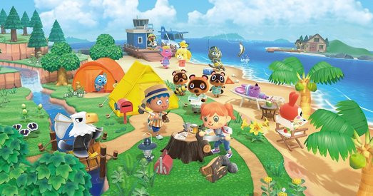 Colourful scene from Animal Crossing with animated characters camping, fishing, and relaxing on a tropical island.