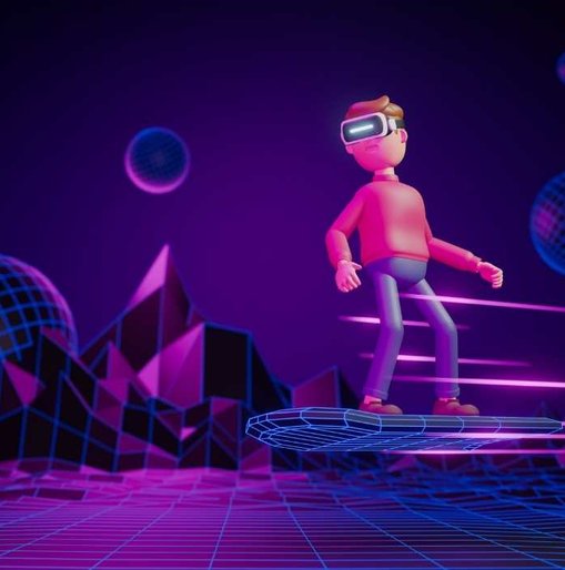 3D illustration of a person wearing virtual reality goggles, flying on a futuristic hoverboard through a neon digital landscape.