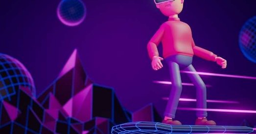 3D illustration of a person wearing virtual reality goggles, flying on a futuristic hoverboard through a neon digital landscape.
