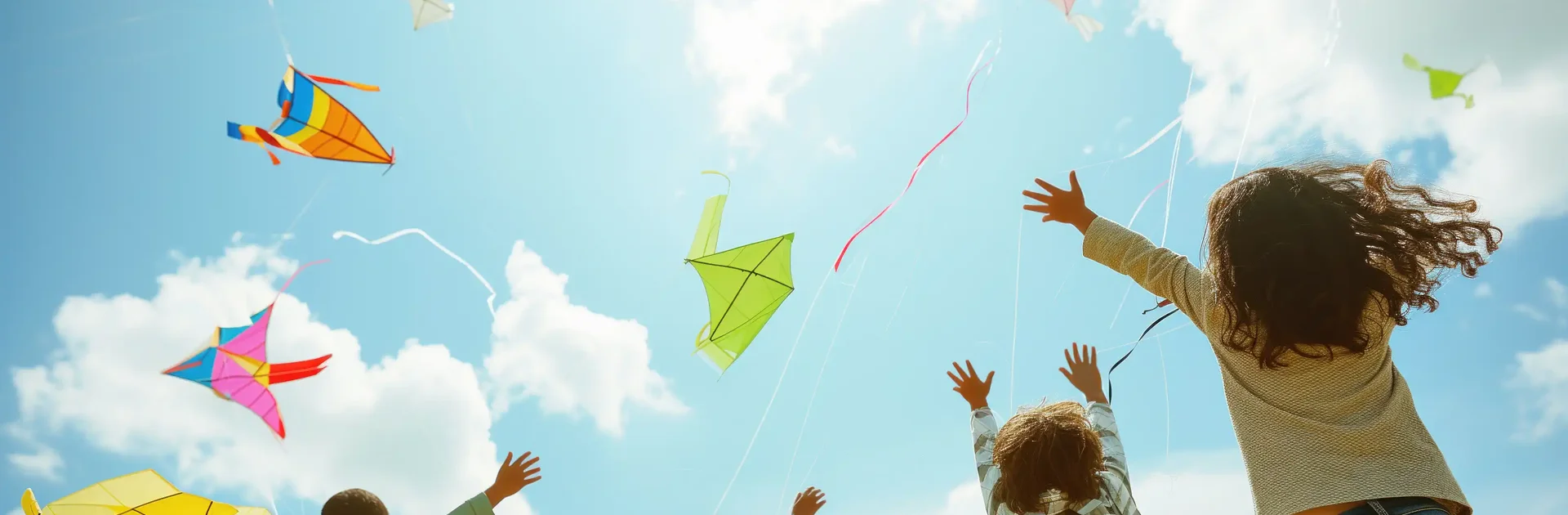 Group of children flying colorful kites on a sunny day, reaching up toward the sky with excitement under bright blue skies and scattered clouds.
