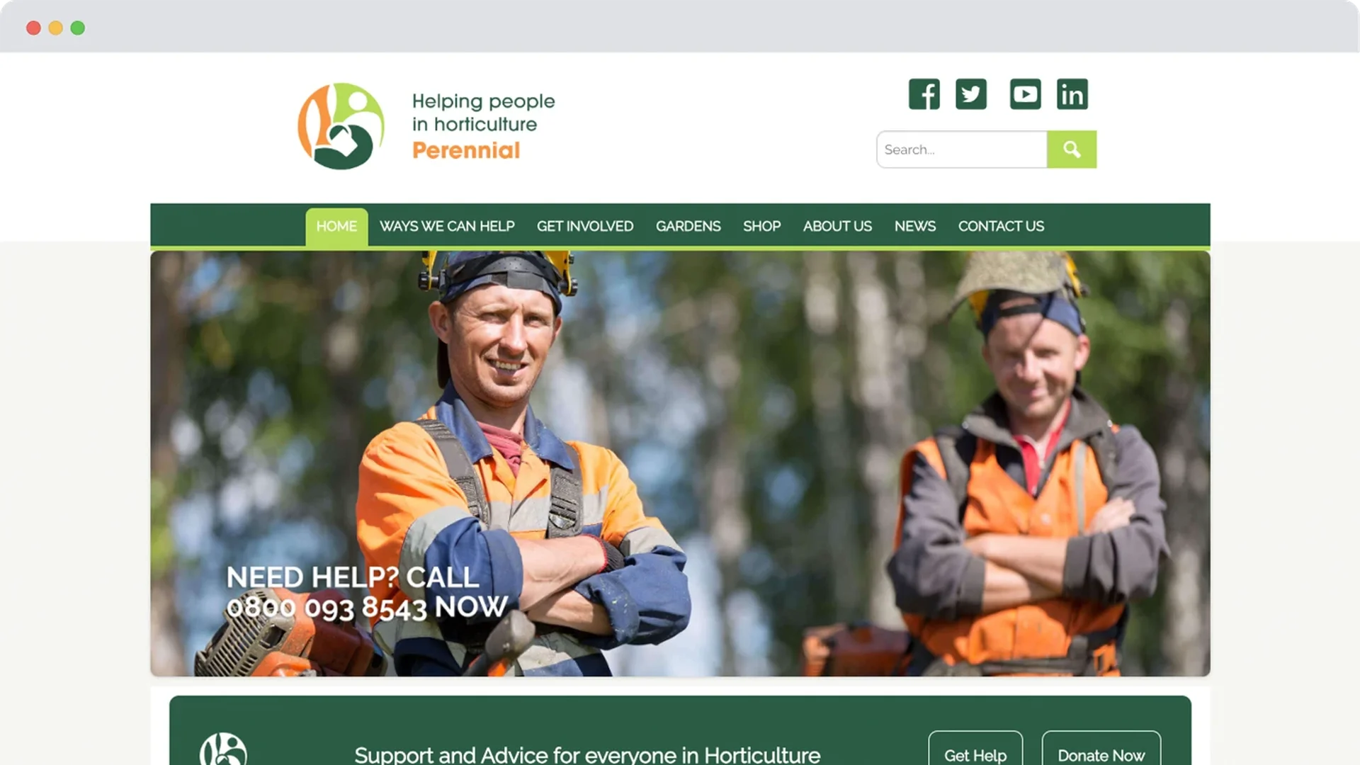 Earlier homepage of Perennial featuring two smiling gardeners in bright orange gear. A help prompt appears on the photo, with green navigation links and social icons in the top right.