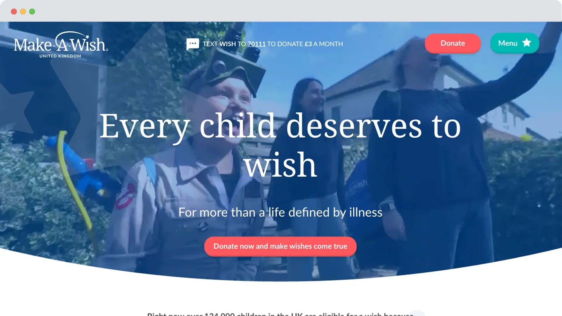 A child in costume smiles joyfully as they make their wish come true, surrounded by family and charity supporters. The headline text says “Every child deserves to wish.”