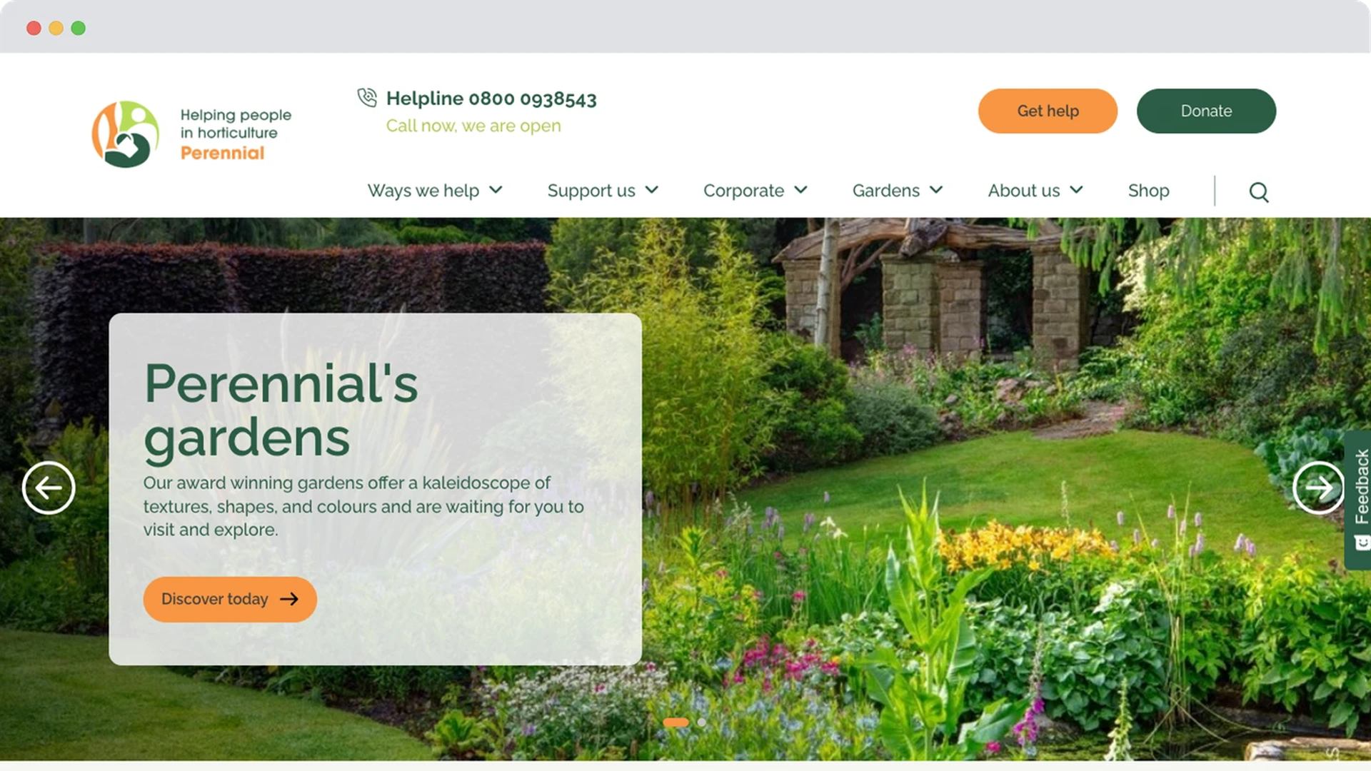 Redesigned Perennial homepage showing a vibrant garden with a pergola. A soft white text box introduces “Perennial’s gardens” with a short paragraph and orange “Discover today” button. Navigation and “Get help” / “Donate” buttons appear in the header.
