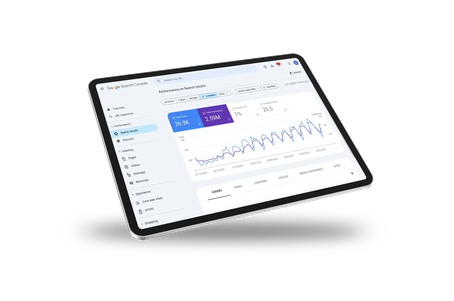 Tablet displaying a Google Search Console dashboard, showing search performance metrics including clicks, impressions, CTR, and average position over a three-month period.