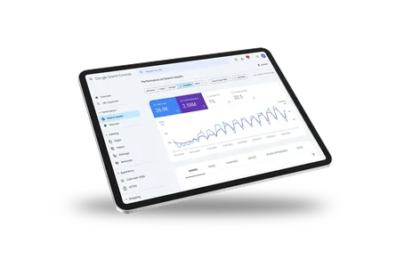 Tablet displaying a Google Search Console dashboard, showing search performance metrics including clicks, impressions, CTR, and average position over a three-month period.