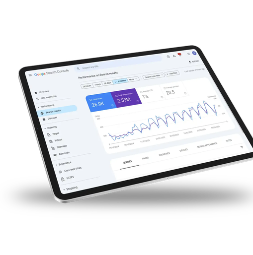 Tablet displaying a Google Search Console dashboard, showing search performance metrics including clicks, impressions, CTR, and average position over a three-month period.