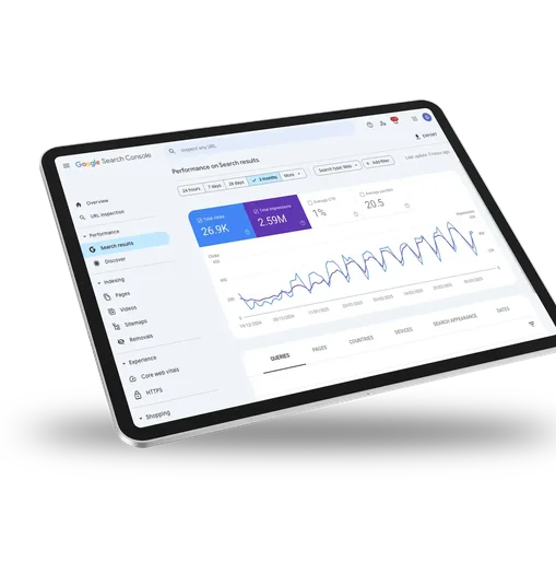 Tablet displaying a Google Search Console dashboard, showing search performance metrics including clicks, impressions, CTR, and average position over a three-month period.