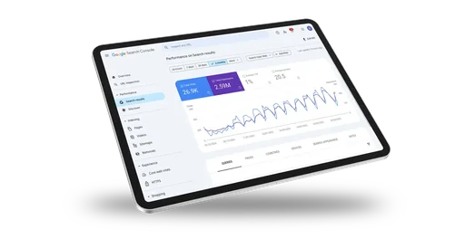 Tablet displaying a Google Search Console dashboard, showing search performance metrics including clicks, impressions, CTR, and average position over a three-month period.
