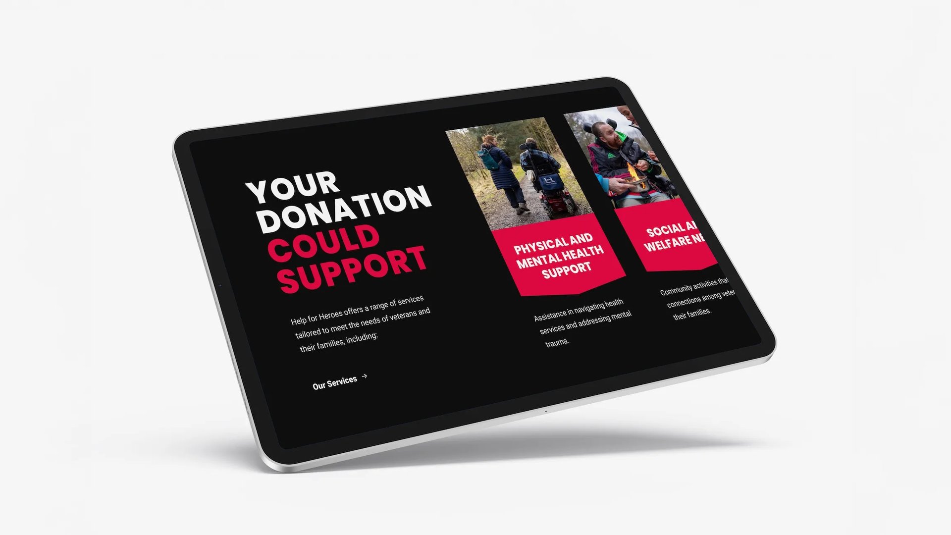 Tablet screen displaying a Help for Heroes donation appeal, highlighting how donations support physical and mental health services and social welfare for veterans and their families.
