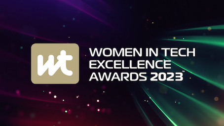 Women in Tech Excellence Awards 2023 logo on a dark background with colourful light streaks.