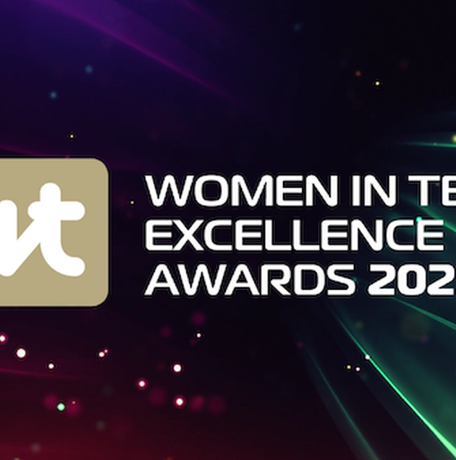 Women in Tech Excellence Awards 2023 logo on a dark background with colourful light streaks.