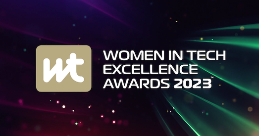 Women in Tech Excellence Awards 2023 logo on a dark background with colourful light streaks.