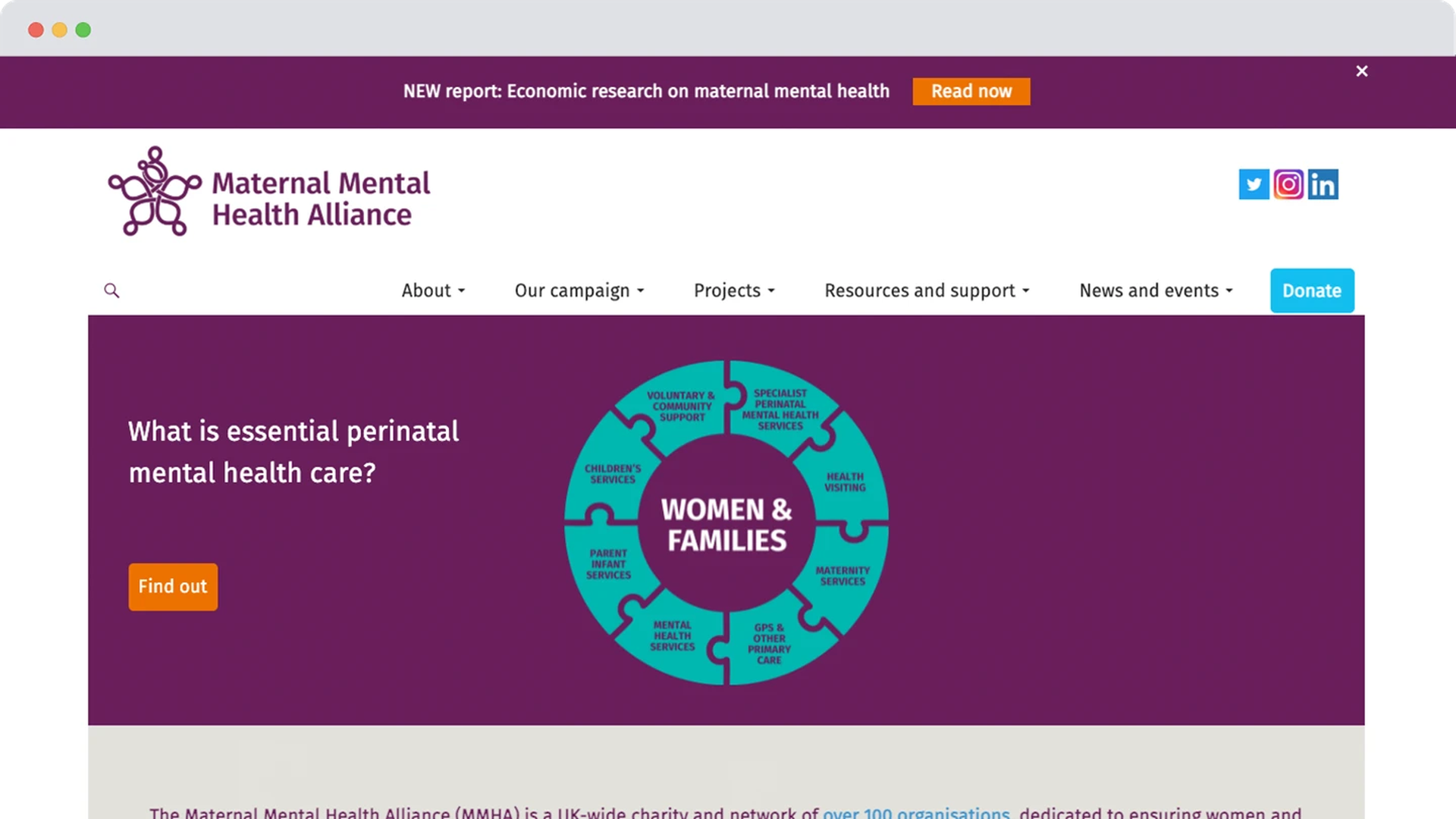 Screenshot of the previous Maternal Mental Health Alliance homepage with a purple background and a visual diagram about essential perinatal mental health care.