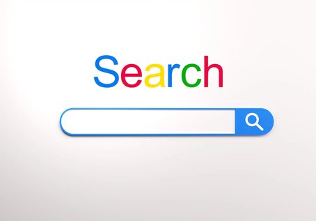 Search engine concept with the word 'Search' in multicoloured text above a blank search bar and magnifying glass icon.