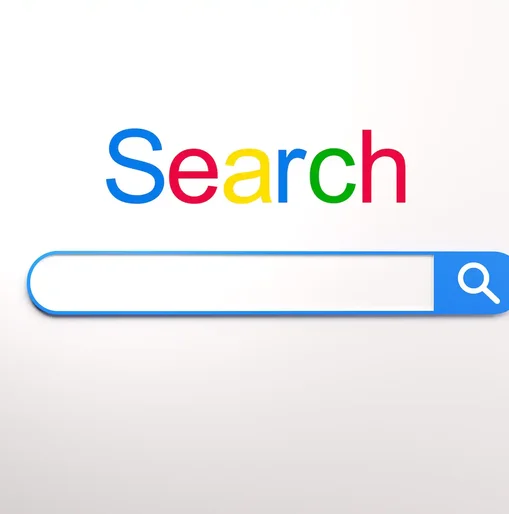 Search engine concept with the word 'Search' in multicoloured text above a blank search bar and magnifying glass icon.