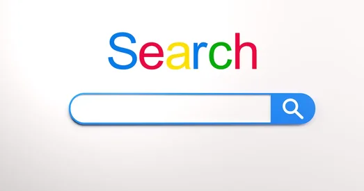 Search engine concept with the word 'Search' in multicoloured text above a blank search bar and magnifying glass icon.