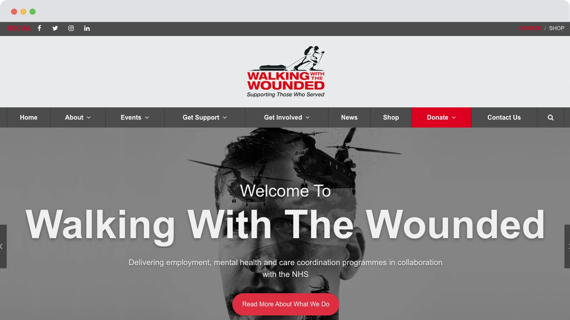 Homepage of the previous Walking With The Wounded website, featuring a monochrome soldier’s face with helicopters above and bold white headline text.