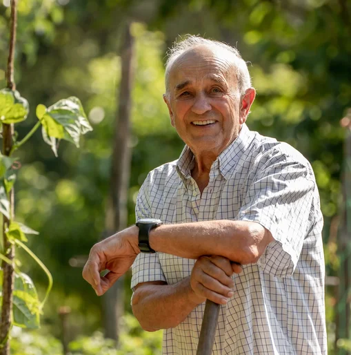 An elderly man smiling and leaning on a gardening tool in a lush, green garden on a sunny day.