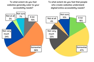 Two pie charts showing most respondents feel websites and their creators only somewhat meet accessibility needs.