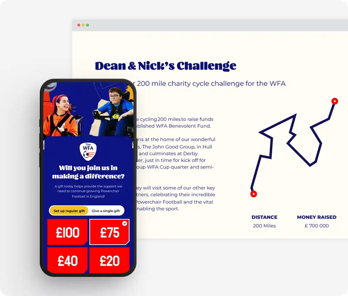 WFA-specific branding of Giant Giving donation platform and said platform's donation dashboard with key analytics.