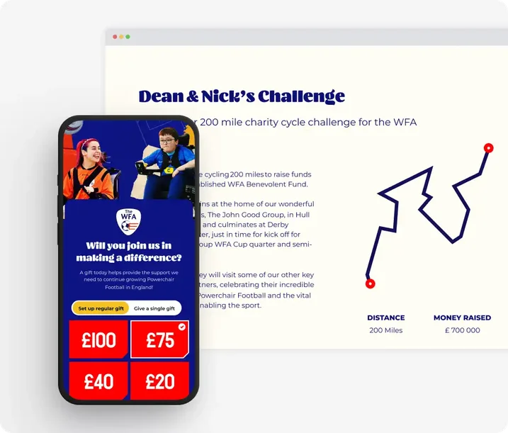 WFA-specific branding of Giant Giving donation platform and said platform's donation dashboard with key analytics.