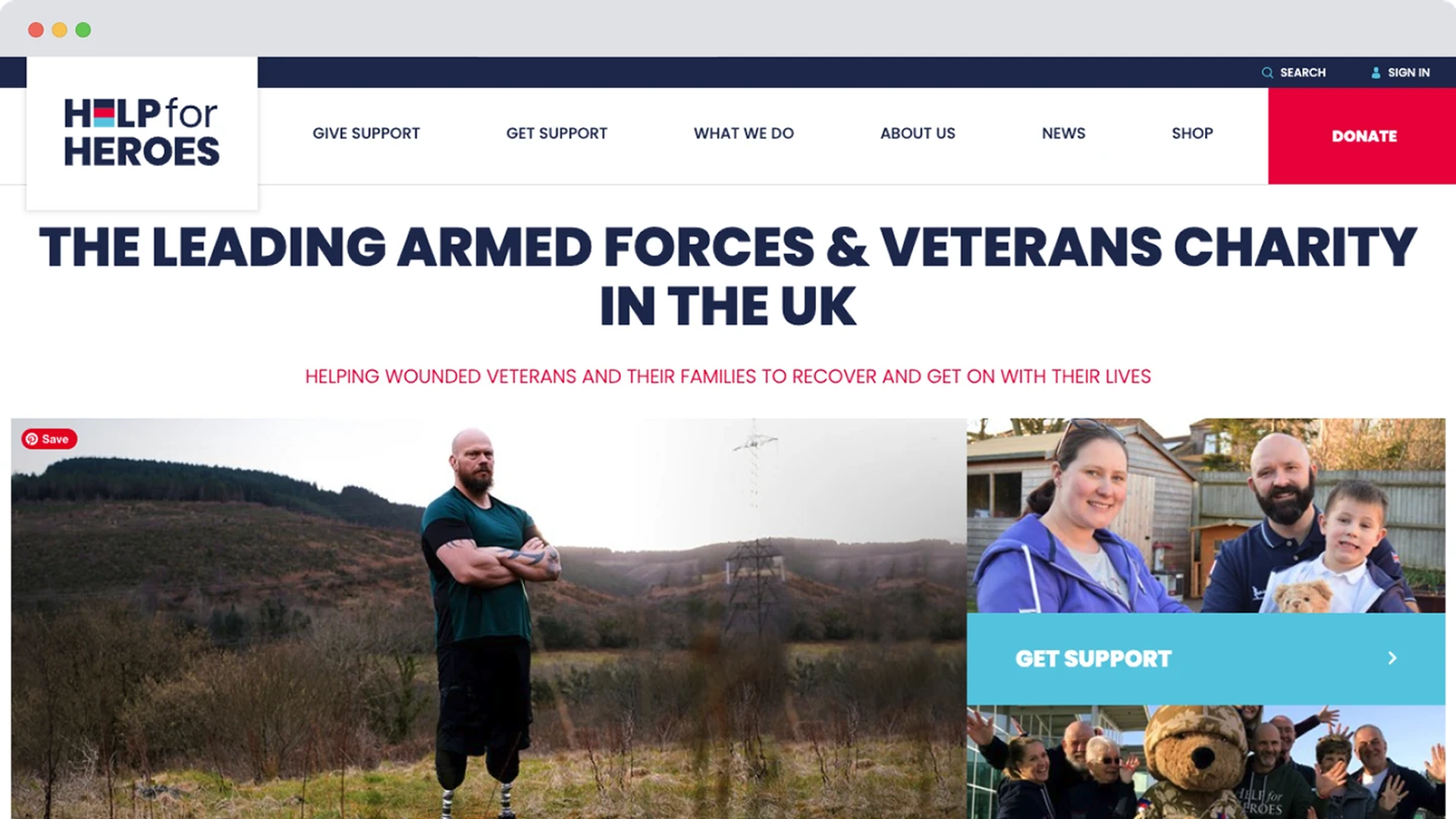 Help for Heroes previous website design showing a male double amputee standing outdoors with arms crossed, next to a family portrait and large text promoting their support for armed forces veterans.