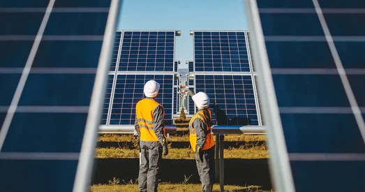 Two engineers in safety gear inspecting large solar panels at a solar farm on a clear, sunny day.
