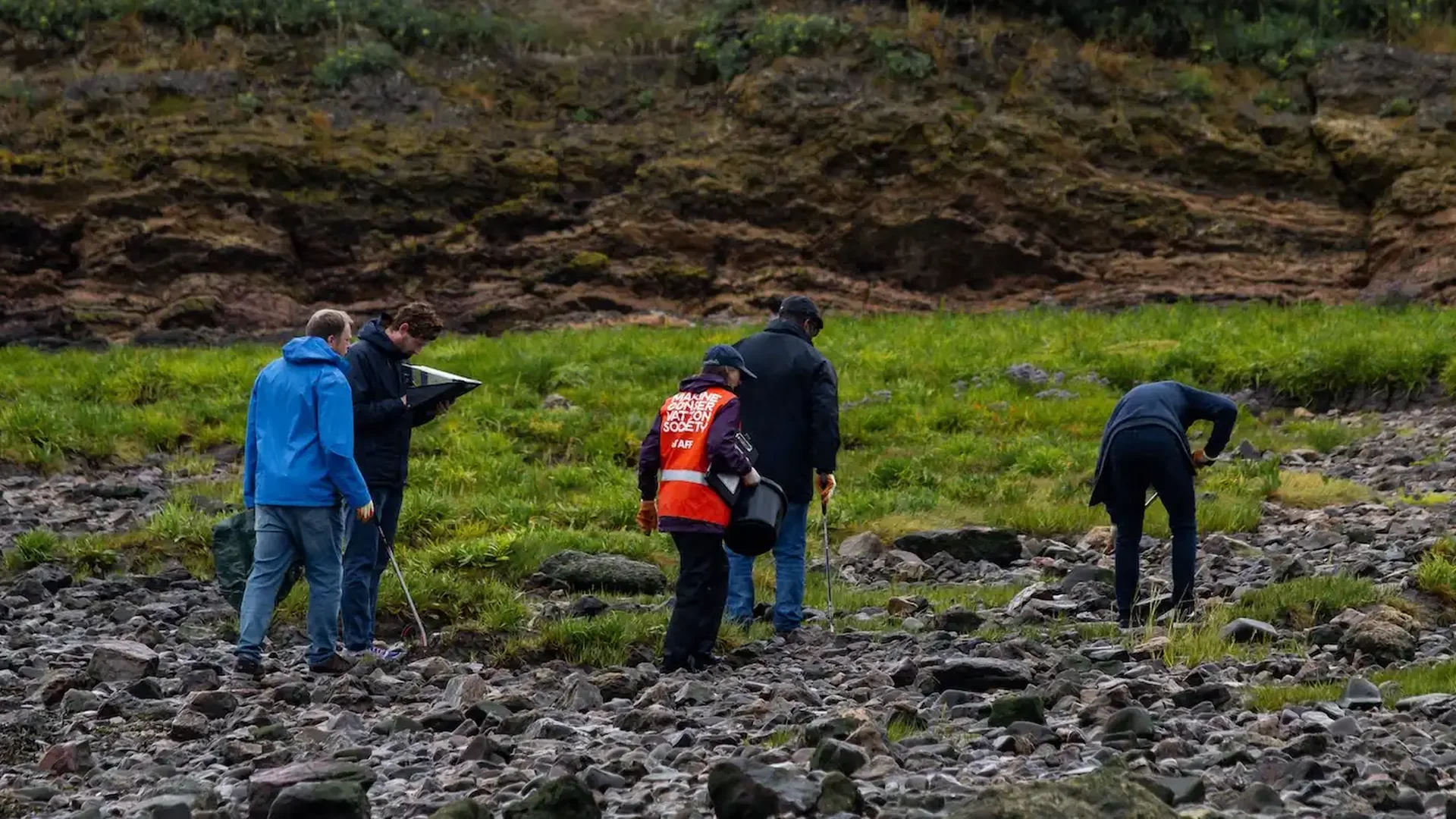 The Giant Digital team participating in a beach clean, collecting litter and taking notes along a rocky shoreline with grassy terrain and cliffs in the background.