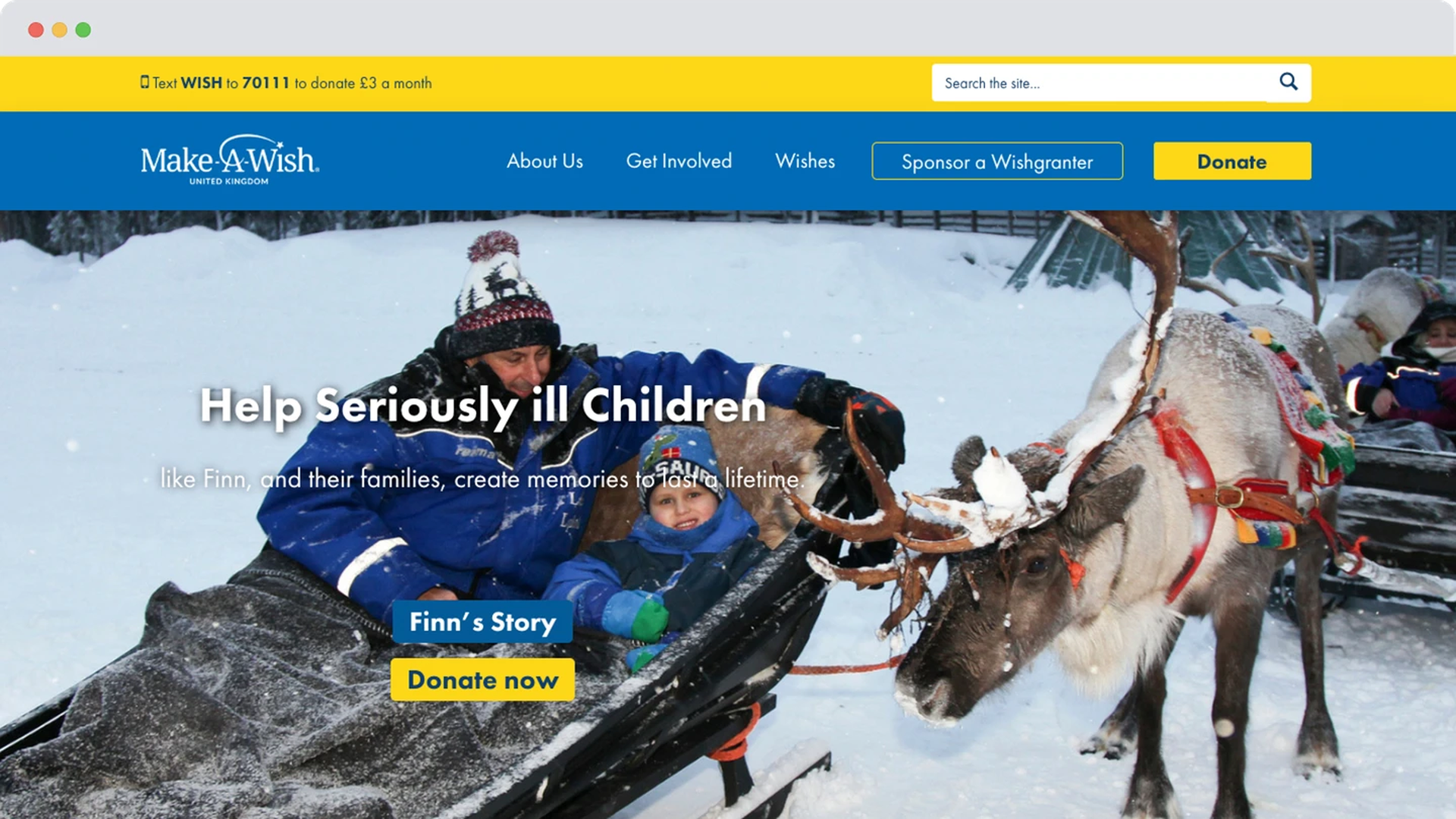 A child and parent ride through the snow in a sleigh, pulled by reindeer. The homepage invites people to help seriously ill children like Finn create lasting memories.