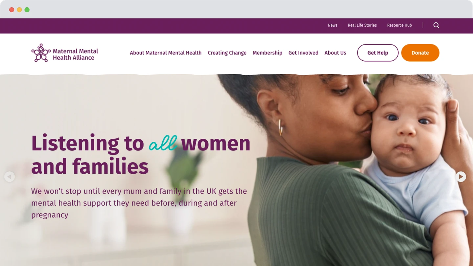 A mother gently kisses her baby on the cheek while holding them close, with website text beside them reading "Listening to all women and families" — part of the Maternal Mental Health Alliance homepage.