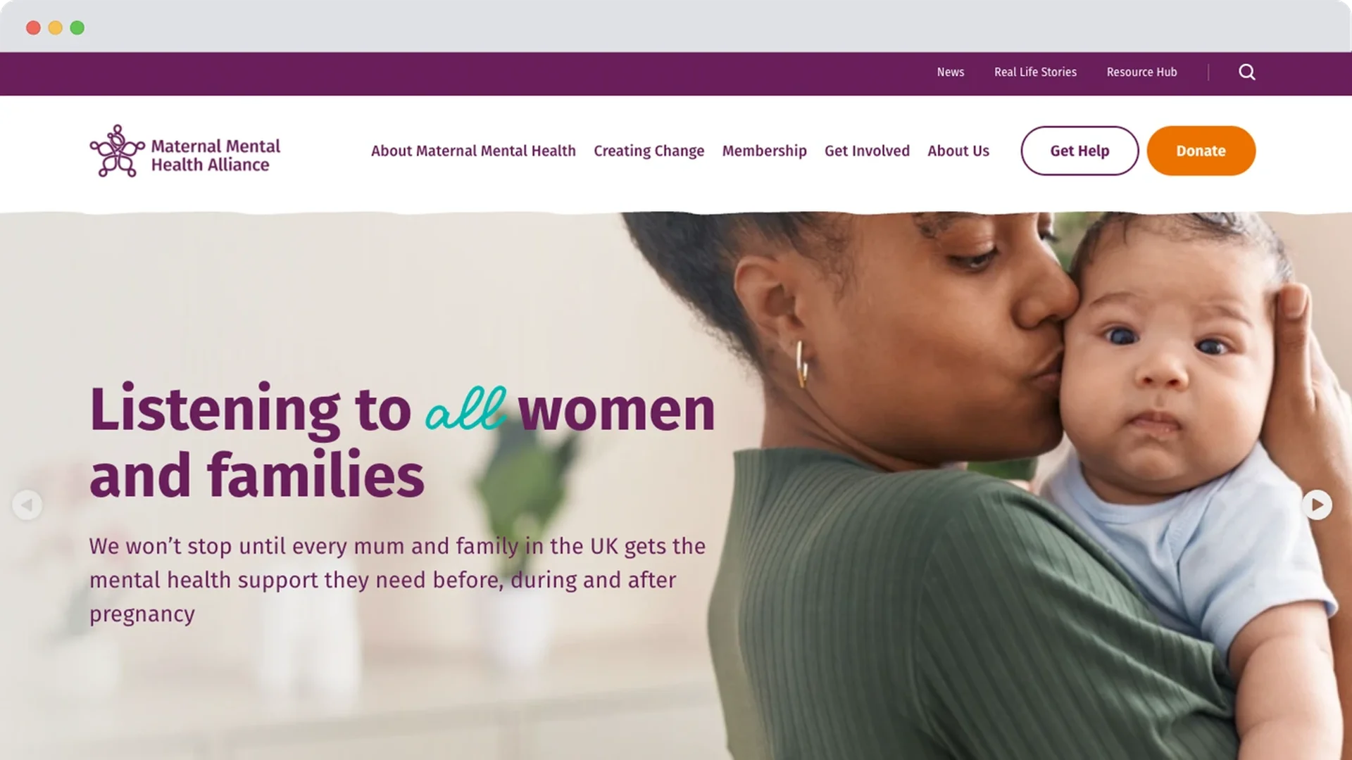 A mother gently kisses her baby on the cheek while holding them close, with website text beside them reading "Listening to all women and families" — part of the Maternal Mental Health Alliance homepage.