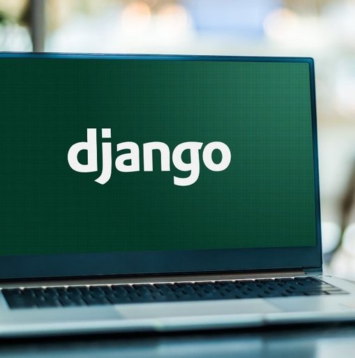 Laptop displaying the Django logo on a green screen, representing the open-source Python web framework.