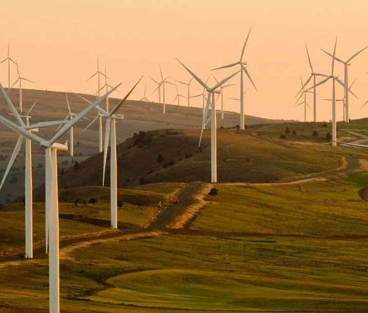 Wind turbines spread across rolling green hills at sunset, representing sustainable energy production, with the Hetzner logo and the words 'Server · Cloud · Hosting' in the corner.