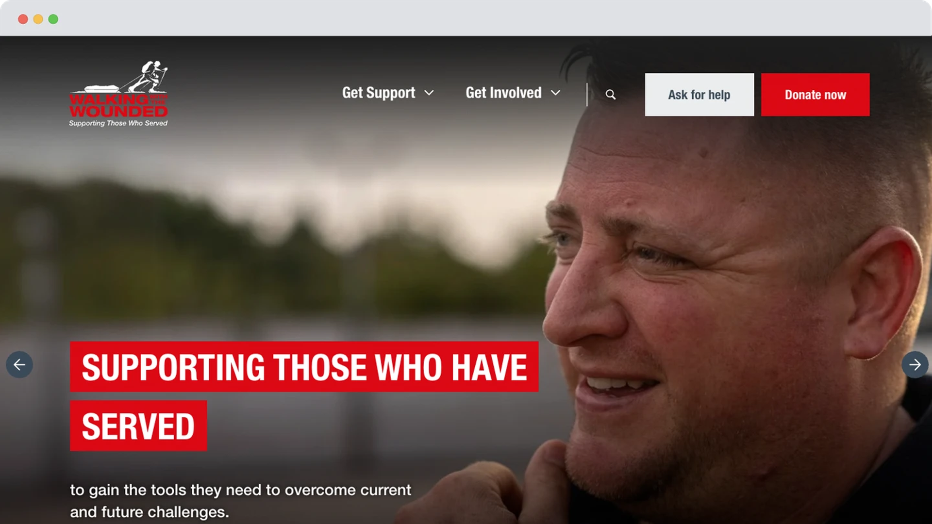 Close-up of a smiling veteran, with the message ‘Supporting those who have served’ overlaid in bold red and white text on the Walking With The Wounded website.